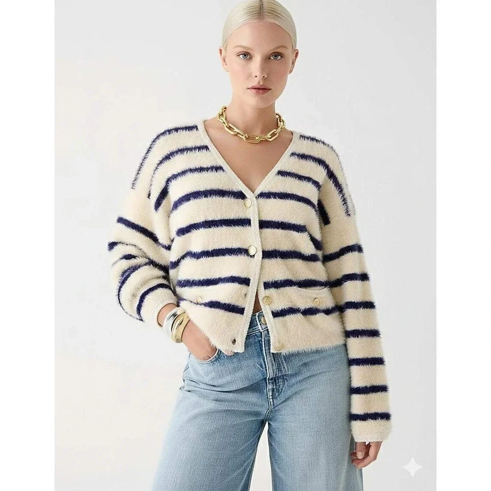 J. Crew Sweater Lady Jacket Women Small Cream Navy Striped Brushed Yarn Gold